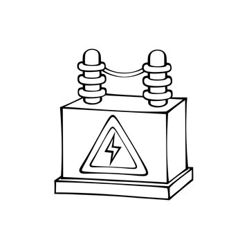 Electrical transformer box with high voltage warning symbol and ceramic insulators, isolated line art illustration for power infrastructure equipment