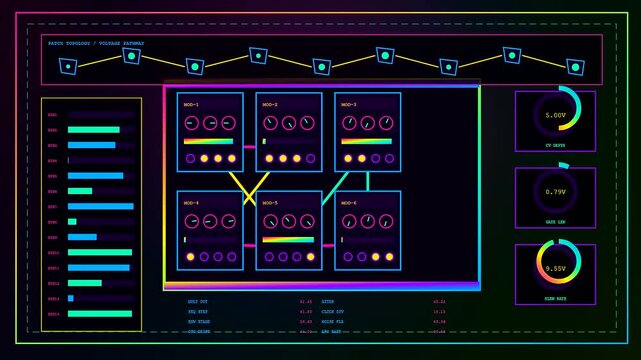 A modular digital audio console interface displays evolving geometric connection nodes and glowing neon data streams as virtual signal paths shift across multiple animated monitor screens