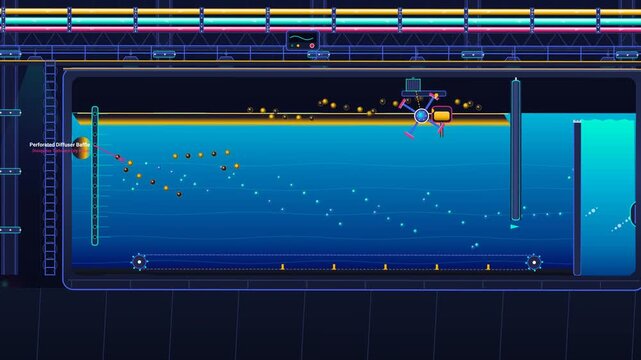 Animated diagram of an API separator demonstrating the oil and water separation process using Stokes law stratification with a revolving skimmer flight and baffles for wastewater