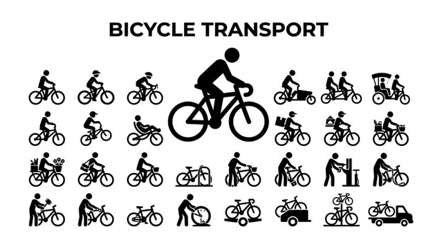 Bicycle Transportation Icons: A collection of pictogram icons showcasing various forms of bicycle transportation, from solo rides to carrying passengers and cargo.