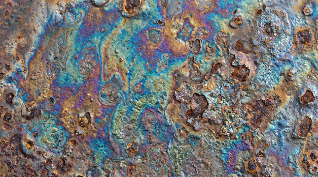 Iridescent oil slick on a weathered rusty metal surface with colorful chemical patterns and texture