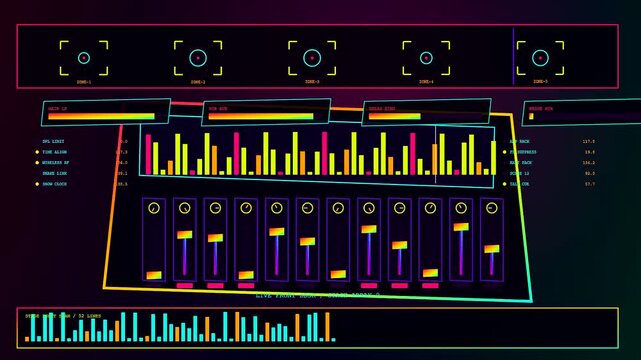 A digital audio console interface displays active sound waveforms with fluctuating bars and illuminated slider faders shown in a sequence of three varying animation segments