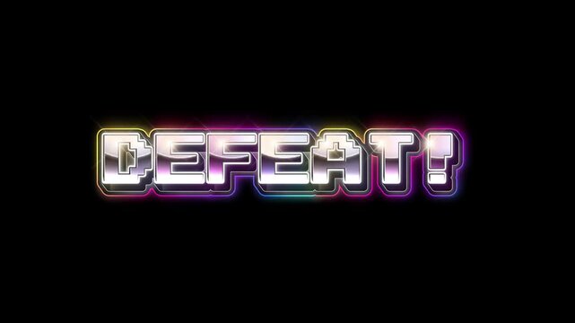 Defeat! Pixelated text with a retro sci-fi font on a black background, symbolizing failure or loss in a game