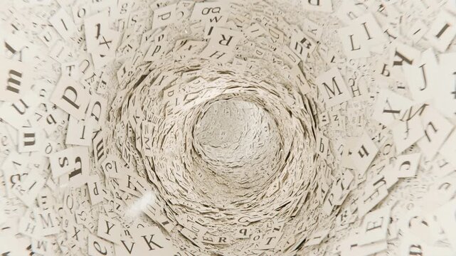 Camera flying through an endless swirling tunnel of paper cards with printed alphabet letters in a three dimensional render