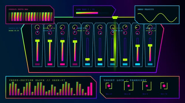 A glowing digital audio console interface displays cycling sound levels and moving faders during a continuous stream of data visualizations on a dark purple screen