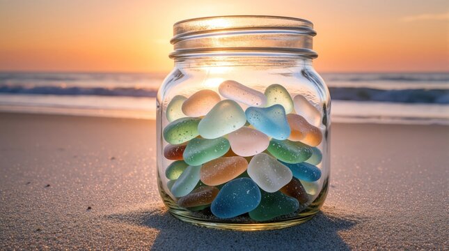Glass jar full of pastel sea glass sits on sandy beach at sunset. Ocean waves wash ashore. Coastal treasure collection evokes calm vacation vibes and natural beauty.