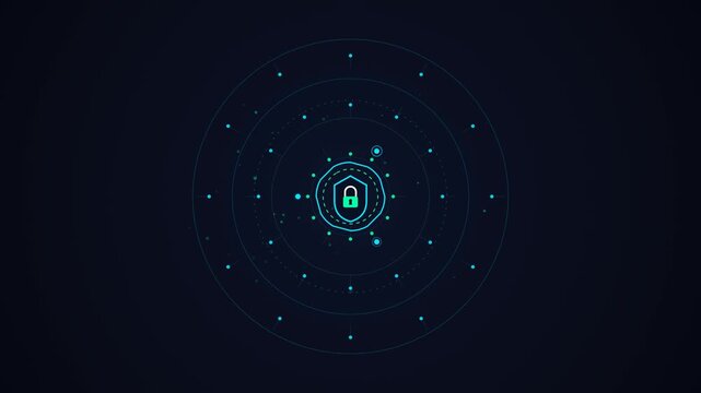 Cybersecurity Padlock Icon with Digital Data Particles Animation on Dark Background.
