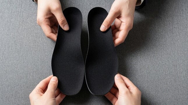 Hands hold black shoe insoles for foot support and comfort. Proper fitting of shoe inserts aids posture and alignment. Custom orthotics improve wellness and health.