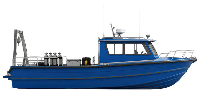 Blue Utility Boat with Open Rear Working Deck