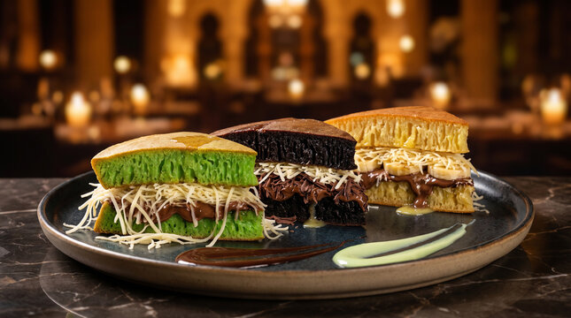 Different flavors of sweet thick pancake known as martabak manis on a plate.