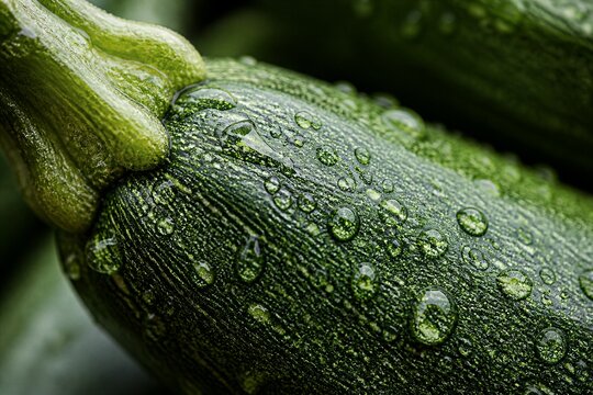 Zucchini with water droplets shown in macro garden close up