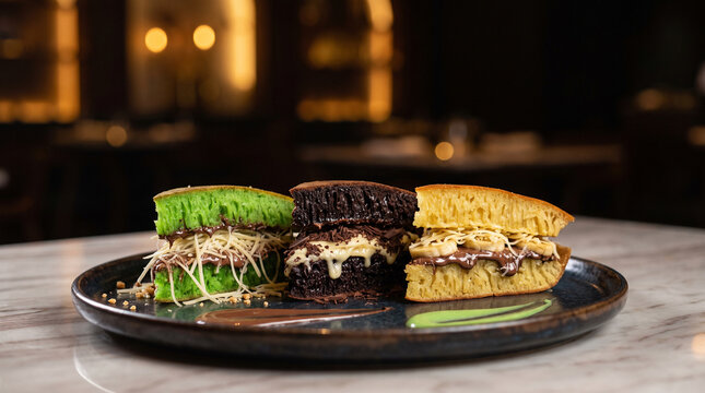 Three slices of traditional Indonesian sweet martabak pancake with various flavors.