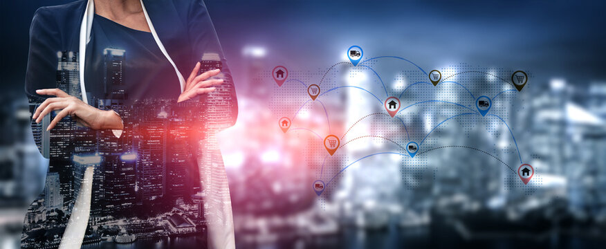 Businesswoman Overlooking Cityscape with Digital Network Connections Depicting Social Media and Technology Integration in Professional Environment. Entropy.