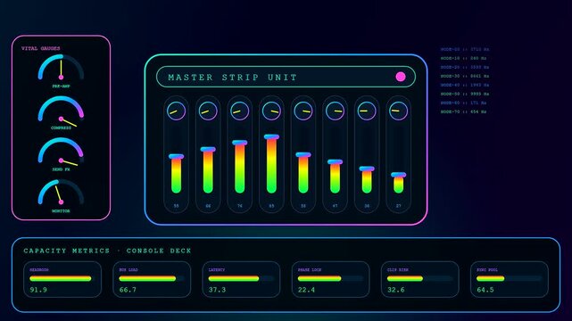 A digital audio console interface displays active signal levels across three evolving data segments showing flickering spectral fluctuations with neon glowing interface elements in motion