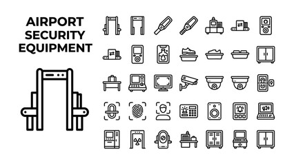 Obraz premium Airport Security Equipment Icons: A collection of clean, modern icons representing various airport security equipment, including metal detectors, X-ray scanners, and surveillance cameras.