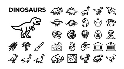 Dinosaur Icons Collection: A comprehensive set of line art icons representing various dinosaurs, fossils, eggs, footprints, and prehistoric elements, perfect for educational or thematic designs. © asha