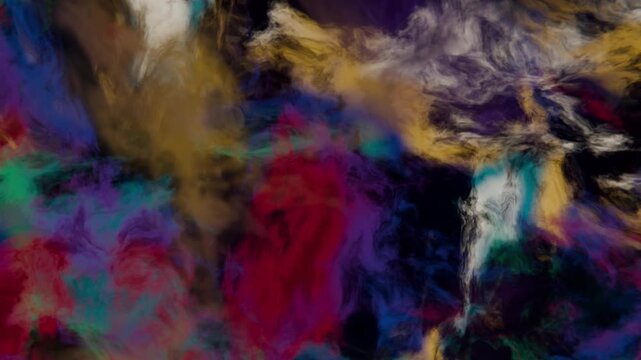 Abstract 3D render showing a fluid simulation of colorful swirling smoke with shades of blue, purple, yellow, and green mixing together