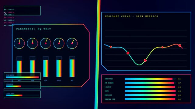 An audio console digital interface shows shifting parametric equalizer response curves as bars and dials pulse with rhythmic movement across a dark glowing computer monitor display screen