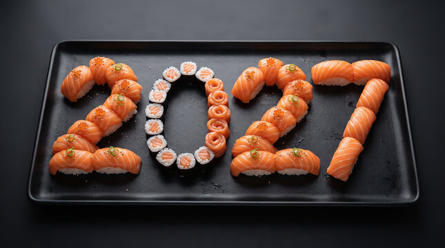 Sushi Platter Arranged as the Number 2027
Creative New Year 2027 Sushi Composition
Salmon Nigiri and Maki Rolls Shaped into 2027
Japanese New Year 2027 Sushi Platter
Festive Sushi Set for New Year 202
