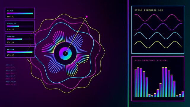 A glowing audio console visualizer displays rhythmic data movement through neon light frequency bars and pulsing concentric circular rings for music production and sound engineering projects