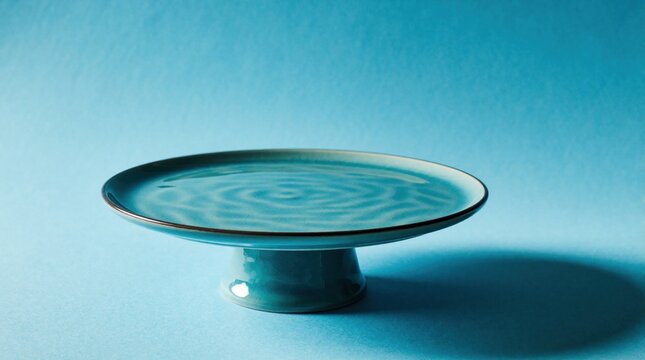 Modern turquoise ceramic cake stand with pedestal on blue background. Empty teal dessert plate for pastry display. Elegant tableware for party wedding decoration. Minimalist kitchenware for food