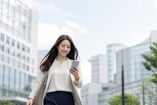 オフィス街でスマートフォンを見ながら歩く女性会社員