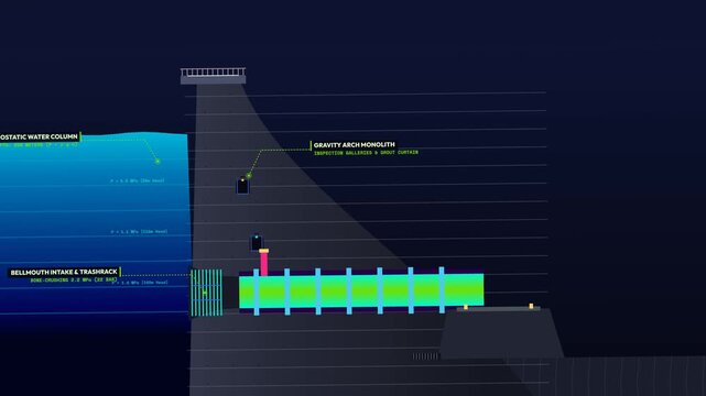 2D animation of a dam Howell-Bunger valve energy dissipator demonstrating the mitigation of water cannon scour through a hollow cone jet and kinetic energy depletion to protect river bedrock