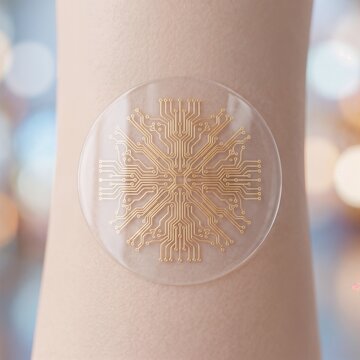 Transparent circular electronic skin patch with intricate golden circuit patterns on a human arm, futuristic wearable bio-sensor and advanced medical technology