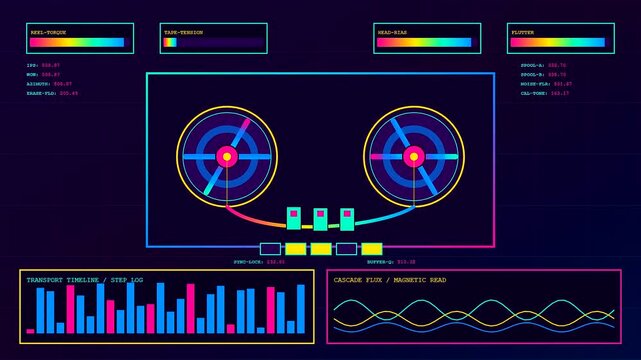 a colorful audio console interface with oscillating wave patterns and rotating circular reels displayed in a digital data dashboard environment for modern music sound production software