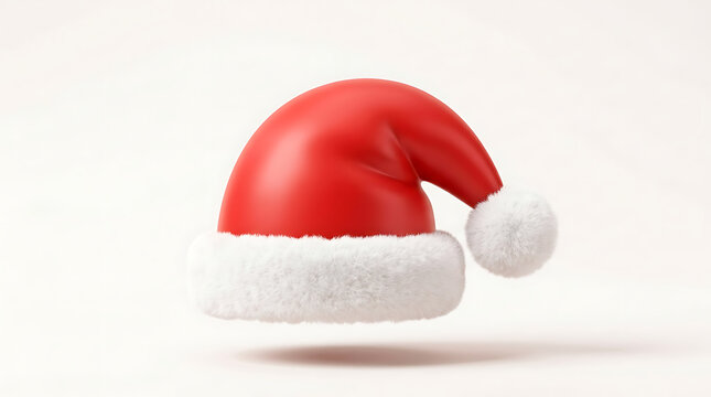 A vibrant red Santa hat with a fluffy white brim and pom-pom, floating against a clean, light background, symbolizing festive holiday cheer.