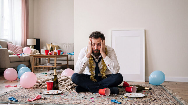 Man sits in messy room after New Years Eve party feeling regret and exhaustion