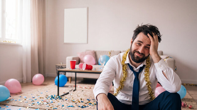 Man recovering after New Year's Eve party messy room with balloons and confetti