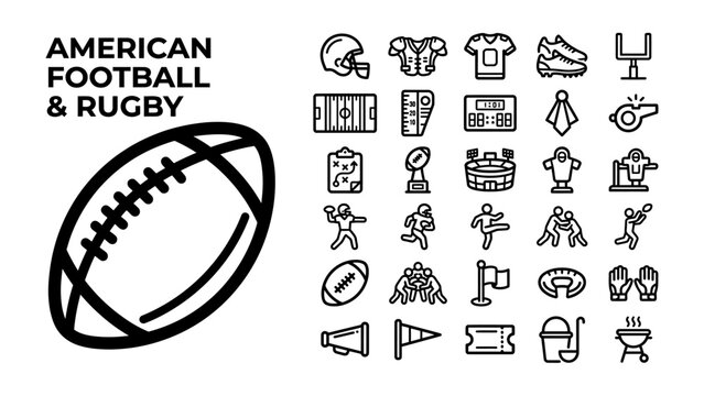 American Football and Rugby Icon Set: A collection of clean, modern icons representing elements of American football and rugby, including balls, helmets, field, players, and more.