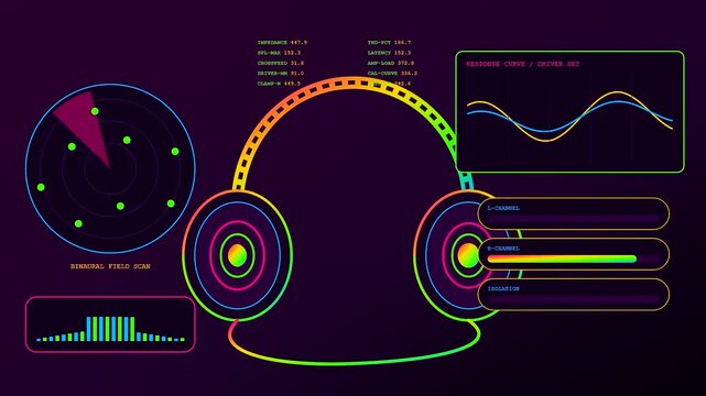 An intricate audio console visualization features glowing neon outline graphics of headphones surrounded by various data tracking elements and frequency wave forms on a dark backdrop