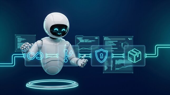AI agent robot devops workflow automation continuous deployment coding futuristic 3d character managing software release pipeline testing infinity node glowing cyan holographic hud copy space