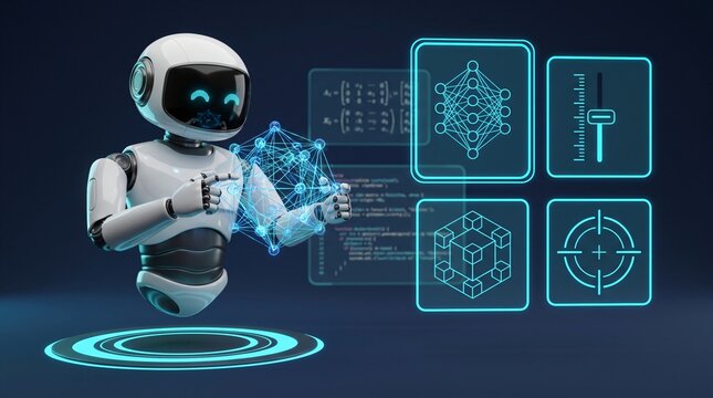 AI agent robot neural network machine learning workflow automation bot futuristic 3d character calibrating deep learning synapse model algorithmic weights with glowing cyan holographic hud copy space