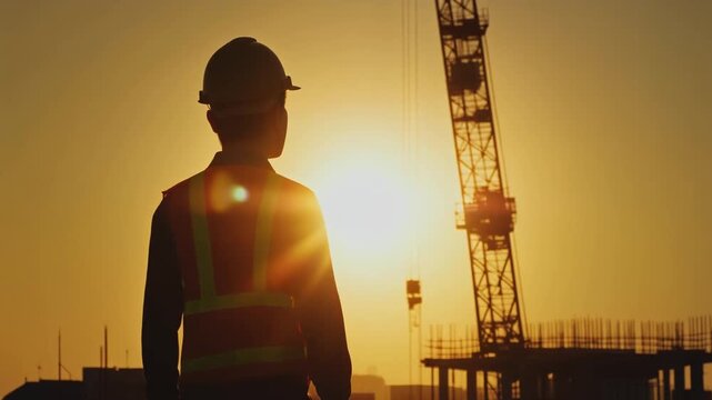 黄金色の夕日を背にして立つヘルメットを被った建設作業員と現場のシルエット