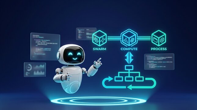 AI agent robot multi agent swarm workflow automation command hierarchy futuristic 3d character coordinating distributed task modules master bot with glowing cyan holographic hud screen copy space