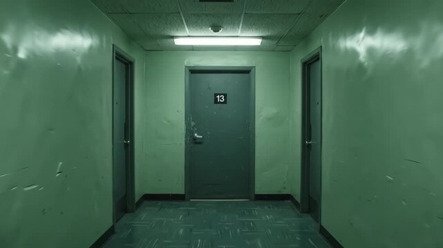 Eerie institutional corridor with green walls and door thirteen