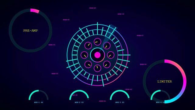A digital audio console interface displaying various circular gauges with neon glowing elements that shift rhythmically across a dark screen during a live sound engineering session