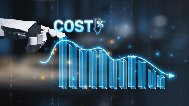 A futuristic robotic hand points at a declining graph, illustrating cost percentage changes in a digital environment, symbolizing analytics and business strategy. Salient