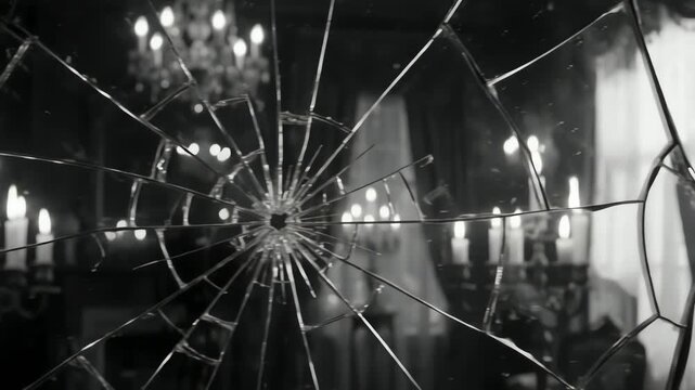 Shattered mirror reflecting a dark room with lit candles