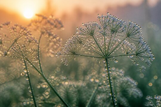 Dew covered wildflower umbels glowing at sunrise field