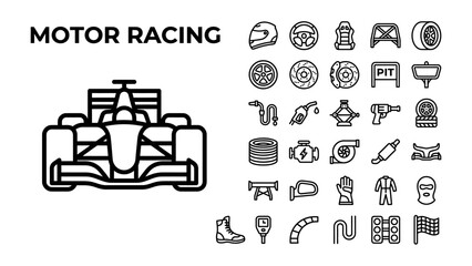 Fototapeta premium Motor Racing Icons: A collection of line art icons representing various elements of motor racing, including a formula 1 car, helmet, tire, steering wheel, and pit lane equipment.