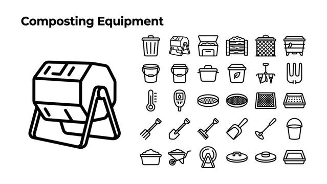 Composting Equipment Icons: A collection of line art icons representing various composting equipment, including a compost tumbler, bins, thermometer, and garden tools.