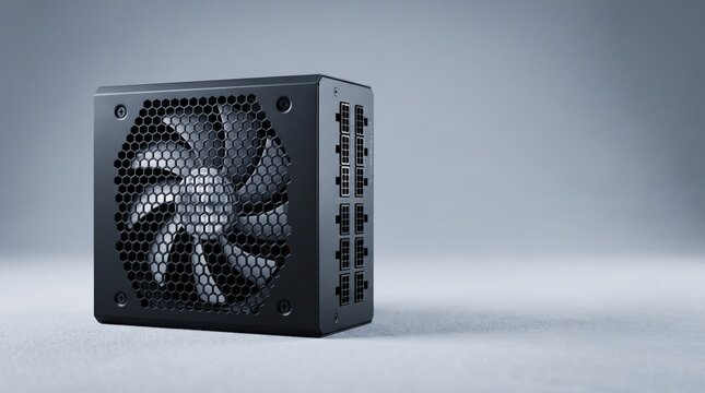 Power supply unit stands upright on a clean studio surface, showcasing its internal cooling fan and modular connection ports for custom computer builds.