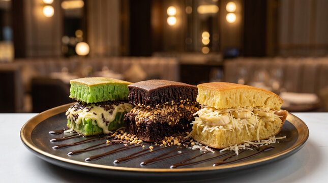 Thick slices of traditional Indonesian sweet martabak stuffed with chocolate, cheese, and peanuts.