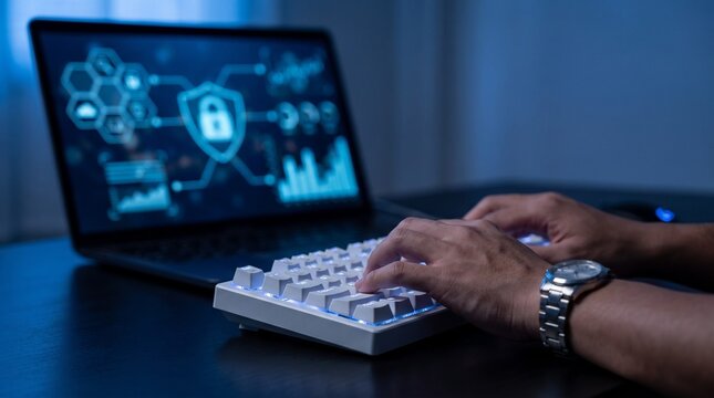 Hands typing on keyboard with laptop displaying cybersecurity graphics