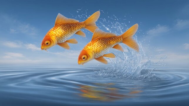 Two goldfish leaping out of the water in a coordinated movement, symbolizing teamwork and shared goals