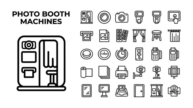 Photo Booth Machine Icons: A collection of line art icons depicting various components and aspects of photo booth machines, including the booth itself, cameras, printers, and curtains.